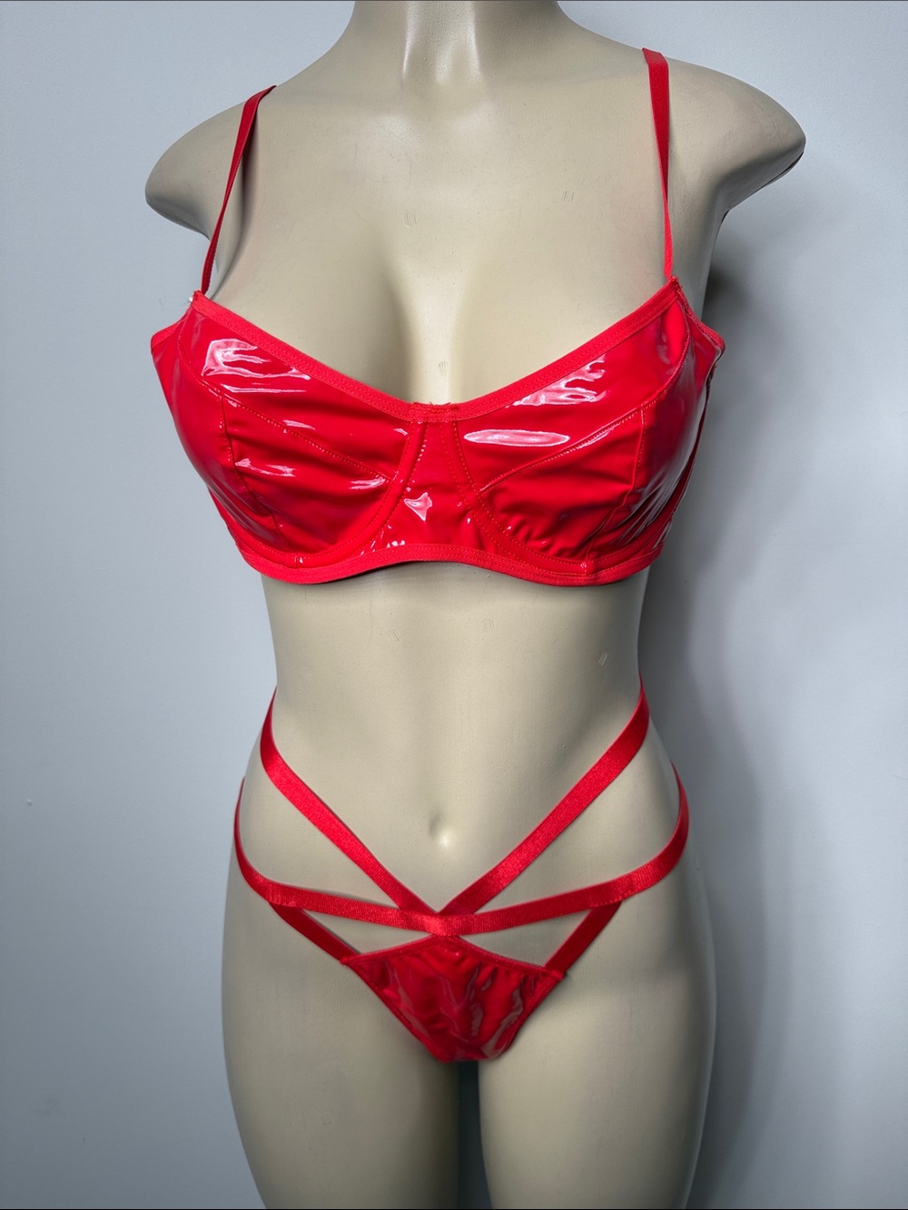 Red Shiny Strappy Bra & Thong Set - Women Intimates